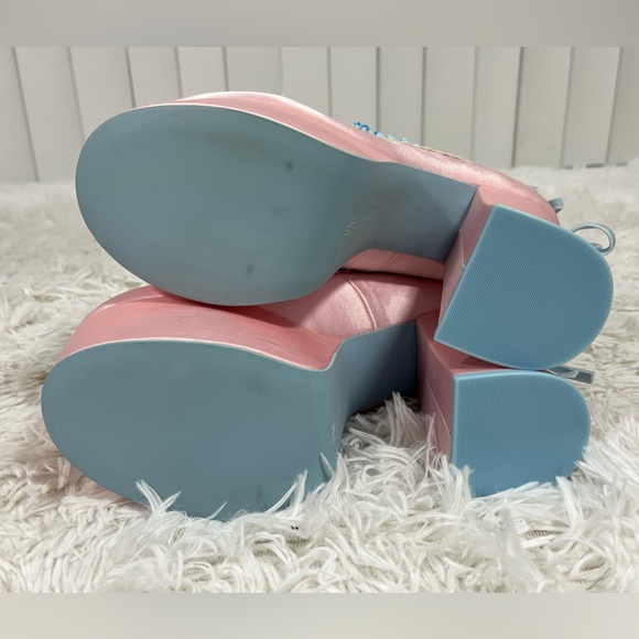 💔SOLD💔 SUGAR THRILLZ Bisou Baby Ruffle Bow Satin Platform Heels  Loafers Pink 6 - Picture 8 of 9